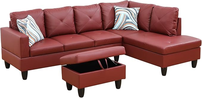97" Oversized Sectional Couch, L Shaped Couch with Storage Ottoman, Modern Modular Sofa with Deep Seat, Sectional Couches for Living Room and Office, Red (Faux Leather)