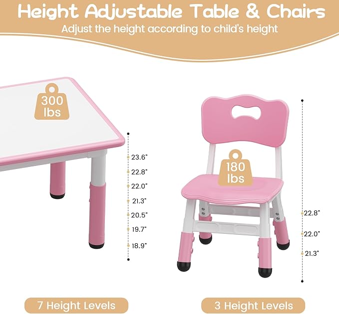 GarveeHome Kids Table and 6 Chairs Set, Height Adjustable Toddler Table and Chair Set, Graffiti Desktop, Children Study Play Dinner Table for Home Daycare Preschool for Ages 2-8, Pink