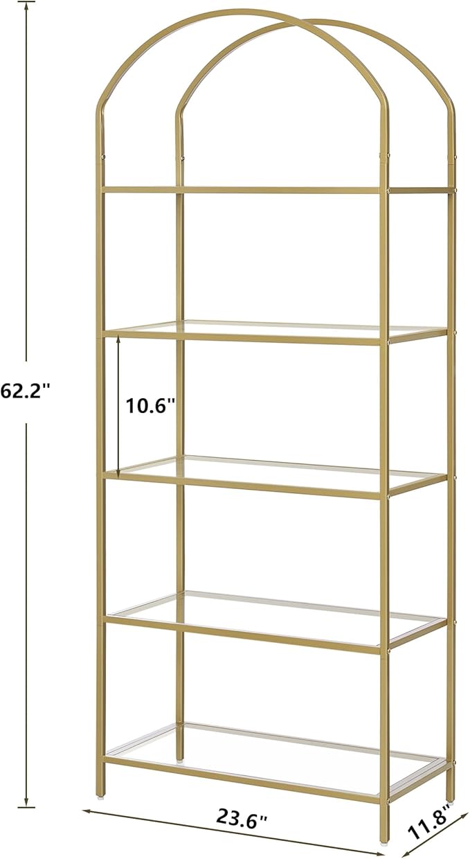 Homhedy Bookshelf Arched Display Racks,Metal Bookcase,Tempered Glass Shelves,Storage Rack Shelf for Home Office,Living Room,Bedroom, Bathroom,Modern Style (Golden, 11.8" D x 23.6" W x 62.2" H)
