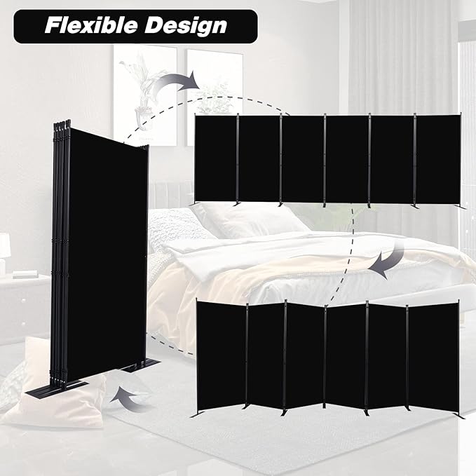 Room Divider, 6 Panel Folding Privacy Screens with Wider Support Feet, 6 Ft Portable Room Partition for Room Separator, 204" W X 71" H, Black