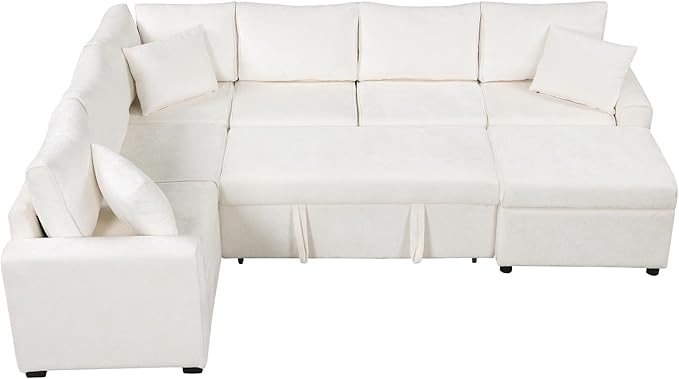 112" Luxurious Pull-out Sofa Bed Sleeper with Storage Ottoman,Sectional Sleeper Couch W/ 3 Pillows,2 USB ports & 2 Power Sockets,Corner Furniture Set for Living Room Large Space,Cream Chenille