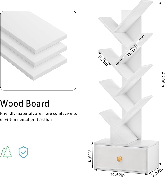 8 Tier Tree Bookshelf with Drawer, Free Standing Wood Bookcase for Living Room, Bedroom, Home Office, Space Saving Storage Organizer Bookshelves for Books, CDs, Vinyl Records- White