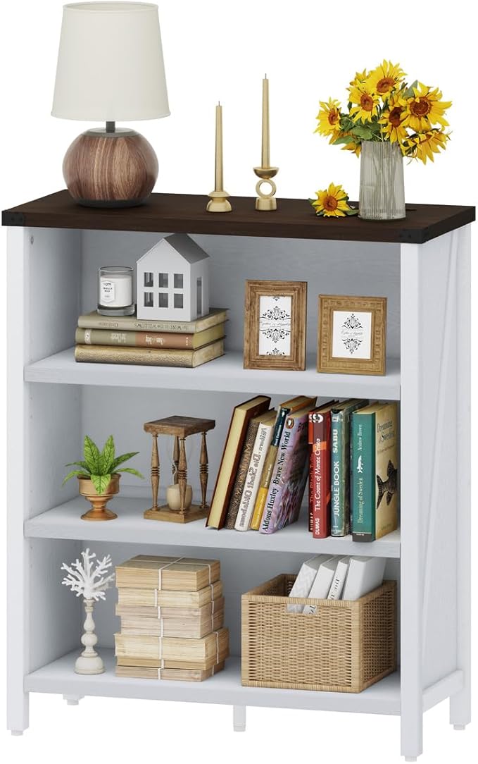 BON AUGURE Small Bookshelf for Small Space, 3 Tier Bookcase, Farmhouse Wood Low Book Case, Short Storage Book Shelf for Home Office, Living Room, Bedroom (White Oak and Walnut Brown)
