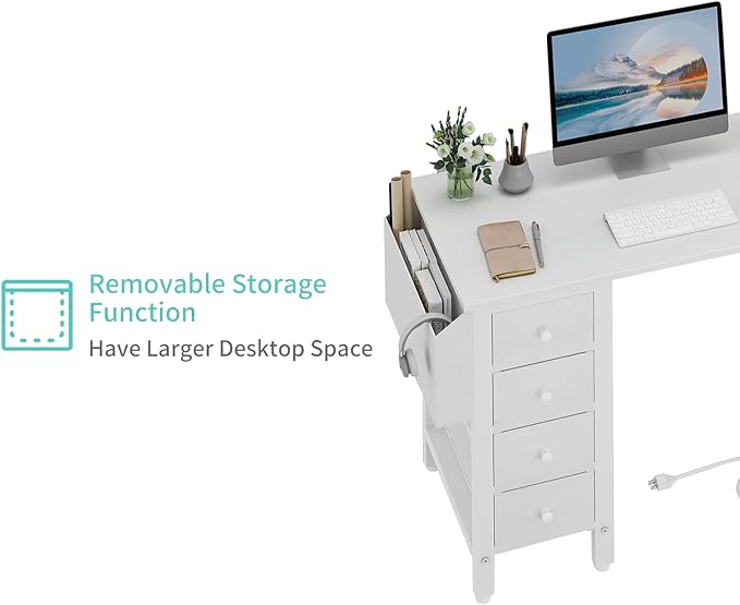 Lufeiya White L Shaped Computer Desk with Drawers & Storage Shelves, 47 Inch Corner Reversible Desk with Power Outlet for Home Office Bedroom, L-Shaped Teen PC Desks with Fabric Drawer, White