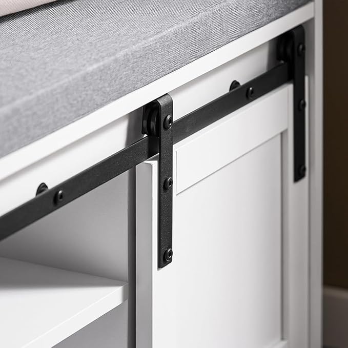 Haotian Industrial Style Shoe Storage Bench, Entryway Hallway Shoe Cabinet, Sliding Barn Doors, Drawer & Padded Seat Cushion, Rustic Window Bench for Mudroom (White) FSR198-W