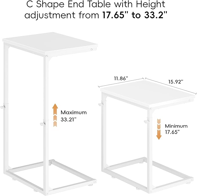 Vagusicc C Shaped End Table for Couch, 33.2'' Extra Tall C Table Adjustable Height Side Table, Small Side Table for Small Spaces, Couch Tables That Slide Under, Tv Tray Table for Living Room, White