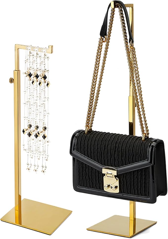 Gold Purse Display Stand, 2 Pack Handbag Display Stand Adjustable Height Stainless Steel Stability Non-slip Base, Large Bags Display Rack Luxury Purse Holder for Table Retail Closet