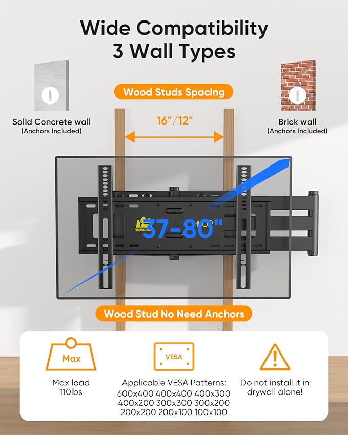 FORGING MOUNT 42 inch Long Arm TV Wall Mount with Power Strip, Full Motion Long Extension Articulating Corner TV Mount for 37 to 80 Inch Flat/Curve TVs, MAX VESA 600x400mm, Holds up to 110 lbs