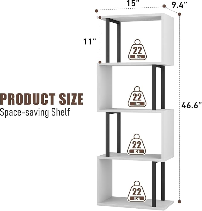 Gadroad 4-Tier Bookshelf, Narrow S-Shaped Geometric Bookcase, Wood Decorative Storage Shelving, Modern Freestanding Display Shelves, Book Shelf Unit for Living Room Bedroom Home Office, White