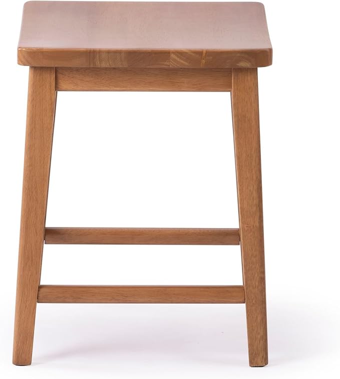 Plank+Beam Smythe Dining Stool, 18" Vanity Stools, Set of 2, Sturdy Wood Modern Kitchen Stool, Saddle Seat Backless Chair, Metal Footrest, Pecan