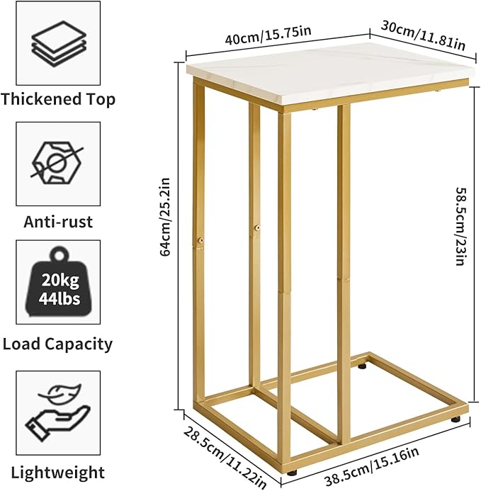 Small Side Tables C Shaped, End Table Set of 2, Small Table Stand for Living Room Bedroom, lLittle Bedside Table Faux Marble+Gold YD-TM051G-2