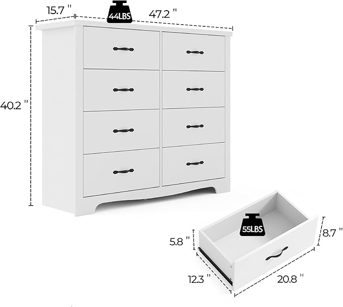 LINSY HOME 8 Drawers Dresser for Bedroom, 47" Wide Rustic Wood Dressers & Chests of Drawers, 40" Tall Modern Storage Dresser with Antique Handles for Closet, Living Room, Hallway, White