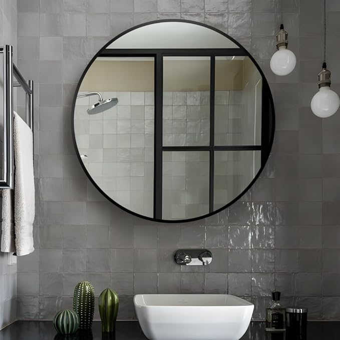 34inch Bathroom Round Mirror,Wall Mounted Vanity Mirror,Steel Frame,Black,Steel Frame