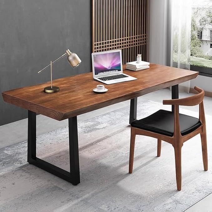 Modern Minimalist Solid Wood Office Desk with Metal Base Easy to Assemble Durable Writing Table Dining Table Computer Desk Multiple Ideal for Living Room and Dining Room (63inch)