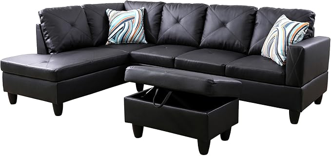 L Shaped Sectional Couch with Otttoman, 97" Leather Sectional Sofa for Living Room Modular Couches with Cup Holders for Bedroom, Apartments, Black