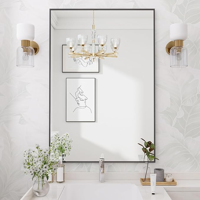 Koonmi Black Rectangle Wall Mirror, 20x30 Inch Bathroom Mirror, Aluminum Frame Vanity Mirror for Entryway, Living Room, Bedroom Bathroom, Hangs Horizontally or Vertically