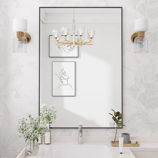 Koonmi Black Rectangle Wall Mirror, 20x30 Inch Bathroom Mirror, Aluminum Frame Vanity Mirror for Entryway, Living Room, Bedroom Bathroom, Hangs Horizontally or Vertically