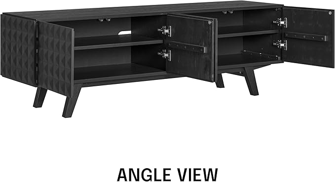 NTC Sapa Mid-Century Modern Solid Wood TV Stand 4-Door Media Console with Carved Geometric Fronts for TVs up to 75", Effortless Assembly, Burnt Black