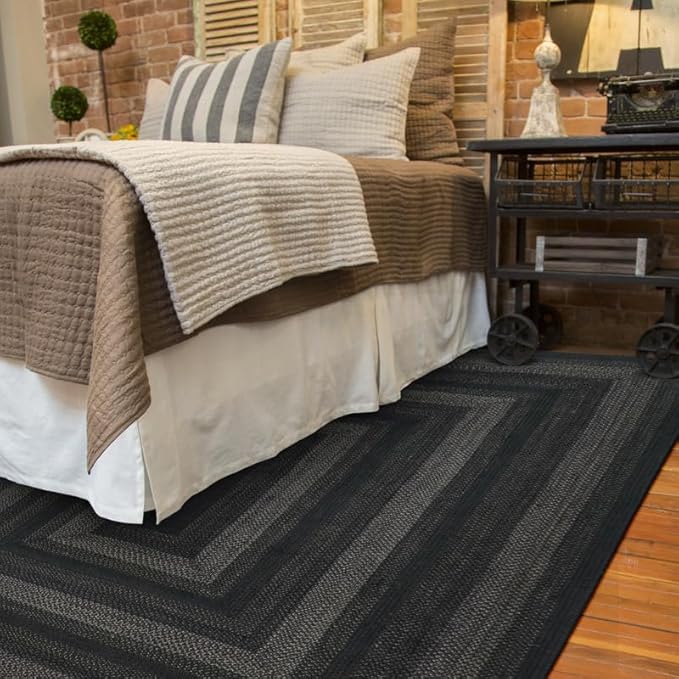 Homespice Jet Black Braided Area Rugs 5x8' – Primitive Gray and Black Rug for Living Room and Bedroom