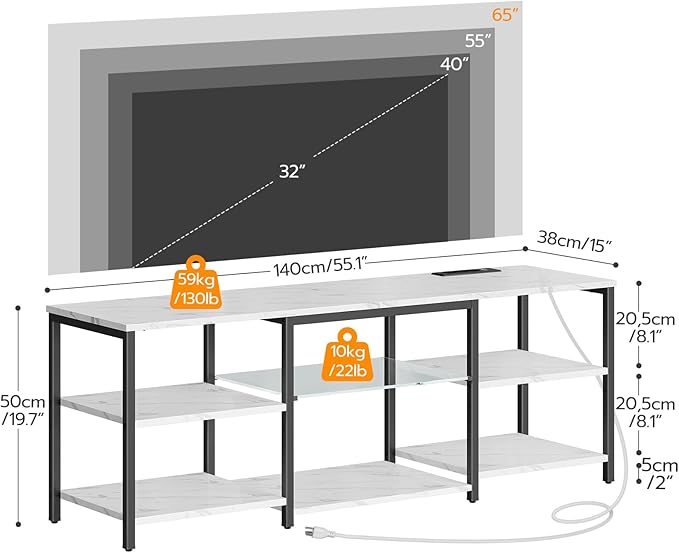 HOOBRO LED TV Stand for 65 Inch TVs with Charging Station, Gaming Entertainment Center with 3-Tier Open Storage, Long Media TV Console Table, TV Stand for Living Room, Bedroom, Marble White BM20UDDS01