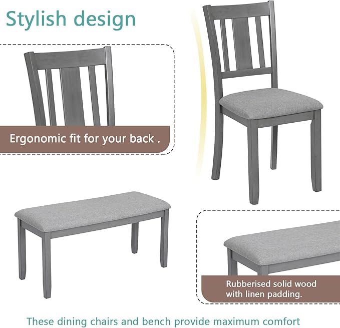KEIKI 6-Piece Standard Height Dining Table Set with Rectangular Table, 4 Upholstered Slatted Backrset Chair, Bench, for 6 Person, Modern Style Table Set, Easy Assembly, for Kitchen, Dining Room, Gray