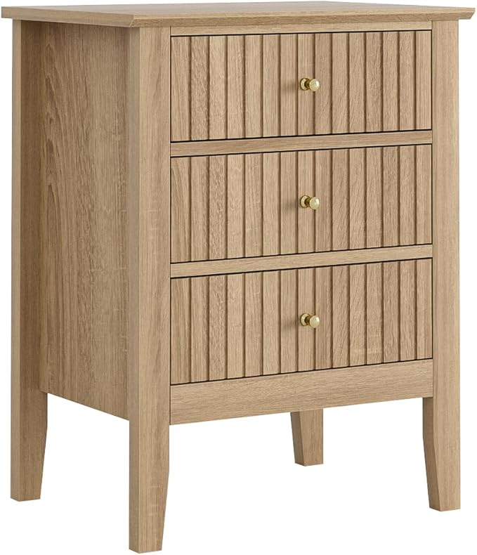 Fluted Nightstand, Farmhouse Night Stand with 3 Drawers, Mid Century Modern Side Accent Table,Bedside End Table for Bedroom, Living Room, Natural