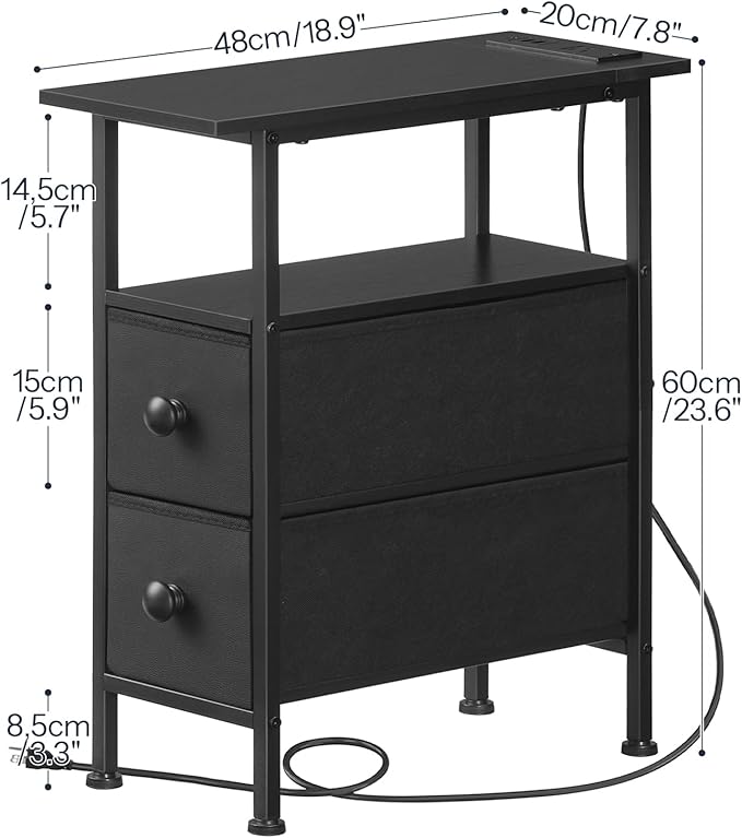 HOOBRO End Table with Charging Station, Narrow Side Table with 2 Fabric Drawers, Skinny Nightstand with Storage, Slim Bedside Table for Bedroom, Living Room, Small Spaces, Black BB487UBZ01