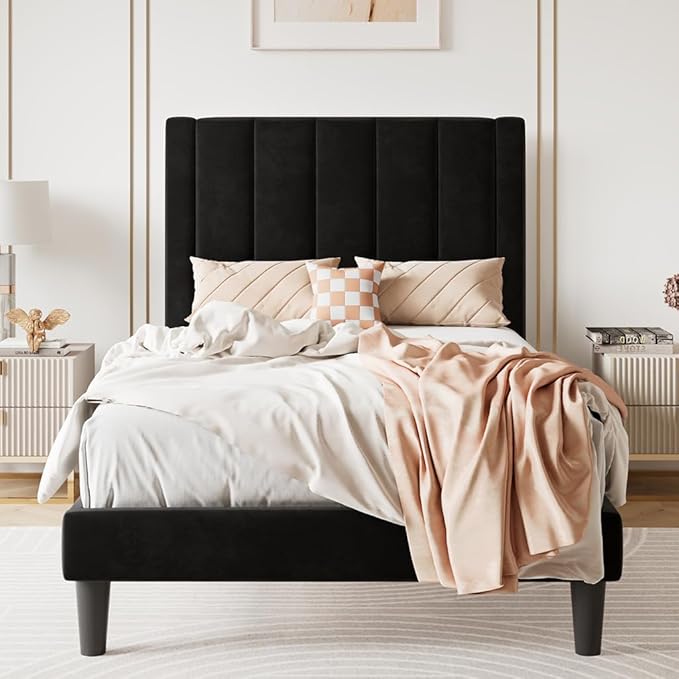 SHA CERLIN Twin Bed Frame/Velvet Upholstered Platform Bed Frame with Headboard/Strong Wood Slats Support/Mattress Foundation/No Box Spring Needed - Black
