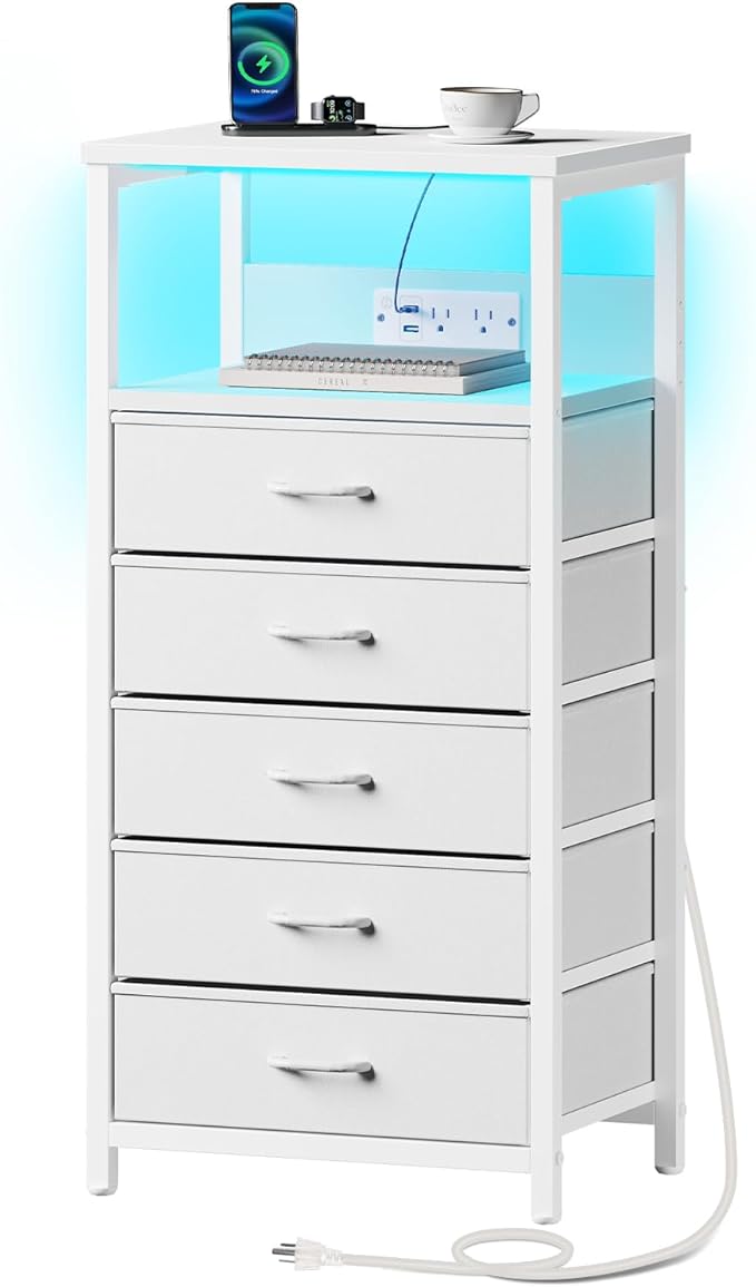 Seventable Night Stand with Charging Station, Tall Nightstand with 5 Fabric Storage Drawers, Side Table with LED Light for Bedroom, Entryway, White, Set of 2