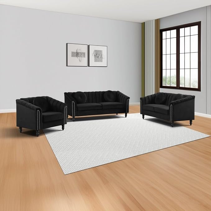 60" Loveseat Sofa, Microfiber Chesterfield Upholstered Sofas Love Seat, Couch Chair Sets with Style Button Tufted, Scroll Arms and Nailhead for Living Room, Office, Black