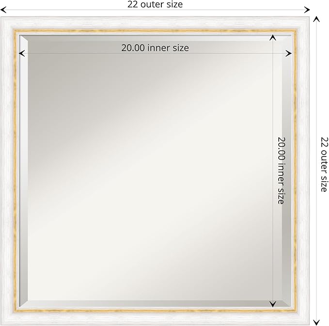 Amanti Art White Bathroom Mirror for Over Sink, 22x22 Morgan White Gold Square Vanity Mirror, Medium Modern Contemporary Wood Frame, Hangs Horizonally and Vertically, Bathroom Wall Decor, Beveled Edge