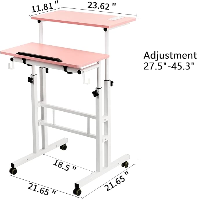 Hadulcet Mobile Standing Desk with Charging Station, Adjustable Standing Computer Desk, Standing Adjustable Laptop Cart with Wheels for Home Office Classroom, Pink