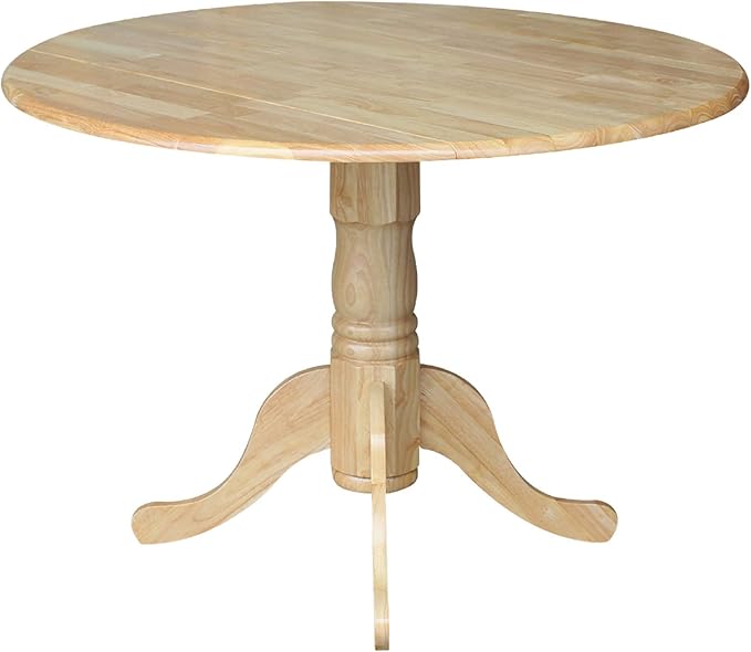 IC International Concepts, 42" Round Dual Drop Leaf Pedestal Dining Table, Solid Real Wood, Sturdy Parawood, Natural