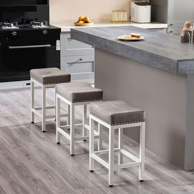 Counter Stools Set of 2 Upholstered Counter Height Bar Stools with Padded Seats and Metal Base, Leather Saddle Stool for Modern Kitchen Island, 22.4-Inch, Grey