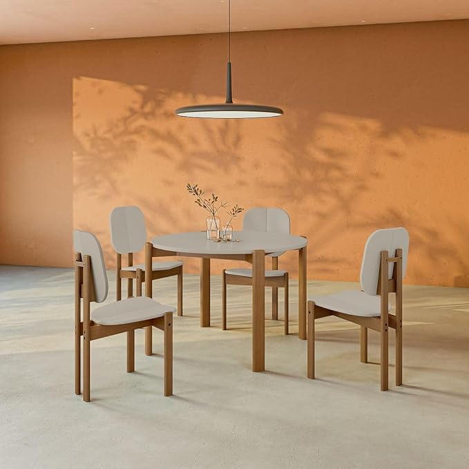 Manhattan Comfort Mid-Century Modern Gales Dining Chair with Solid Wood Legs in Greige - Set of 4