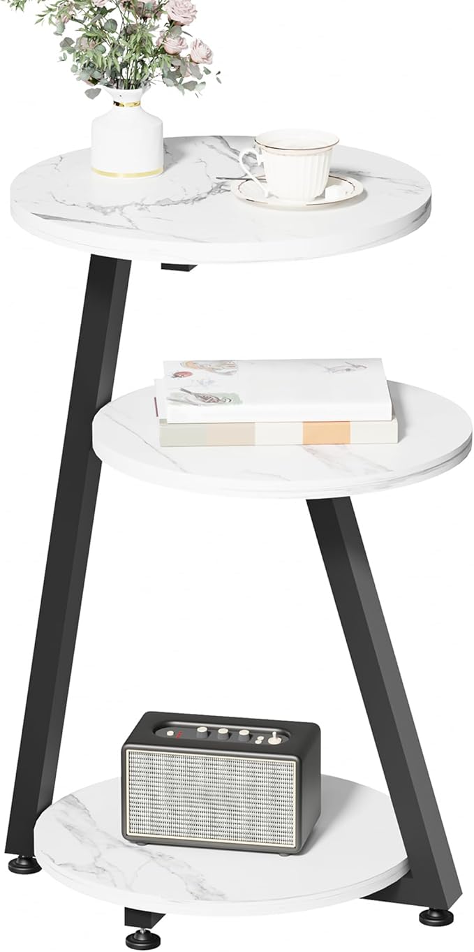 BEWISHOME Round End Table Marble Side Table with Metal Frame, Small Nightstand with 3-Tier Shelves, Night Stand for Living Room Bedroom Tall Black KTZ41H