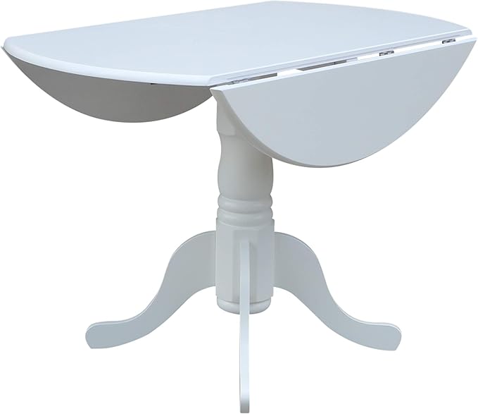 IC International Concepts, 42" Round Dual Drop Leaf Pedestal Dining Table, Solid Real Wood, Sturdy Parawood, White