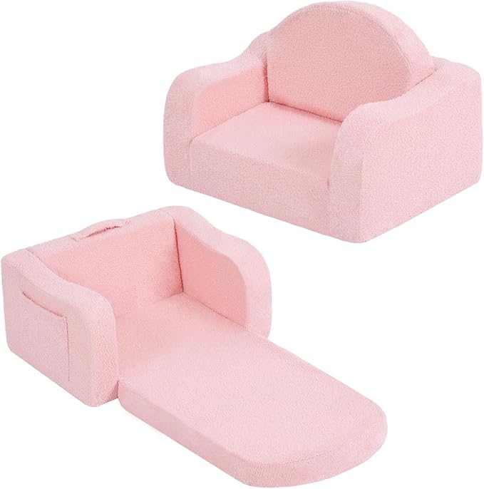 Welnow Kids Sofa, 2-in-1 Soft Sherpa Toddler Chair, Convertible Toddler Couch Lounger, Flip Out Kids Couch Chair with Side Pockets & Removable Cover for Girls and Boys, Pink