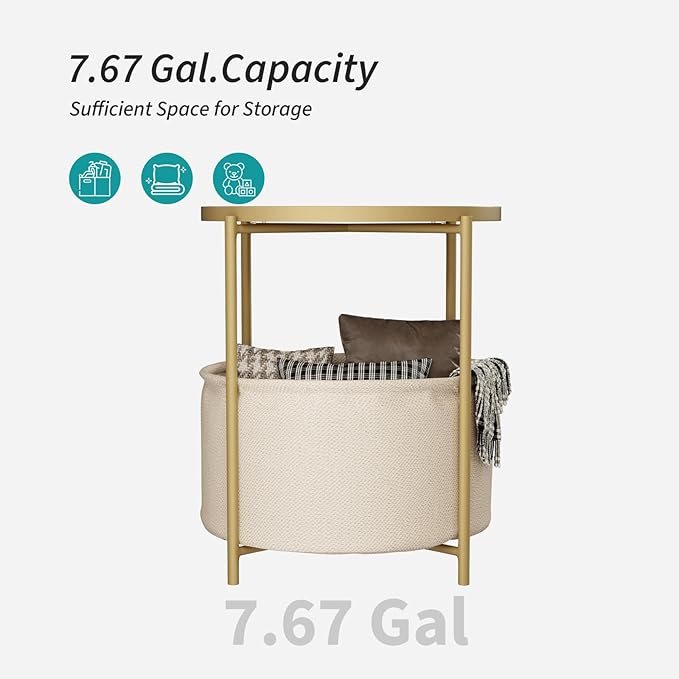 2 Tier Modern Side Table, Round End Table Living Room with Fabric Basket, Small Metal Bedside Nightstand with Removable Tray for Living Room, Bedroom, Office, Gold