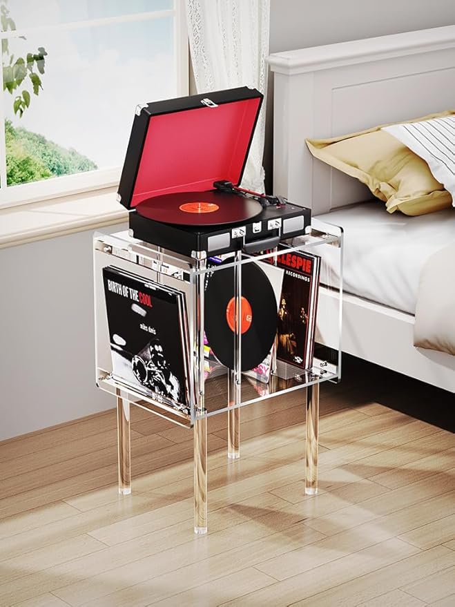 Acrylic Record Player Stand, with Vinyl Storage, Clear Acrylic Side Table (Clear)