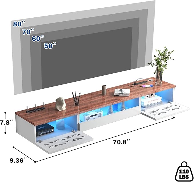Floating TV Stand, 71" Floating Entertainment Center Wall Mounted,Floating Wall Mounted TV Shelf with Led Lights and Power Outlet,Modern High Gloss tv Cabinet Media Console with Storage