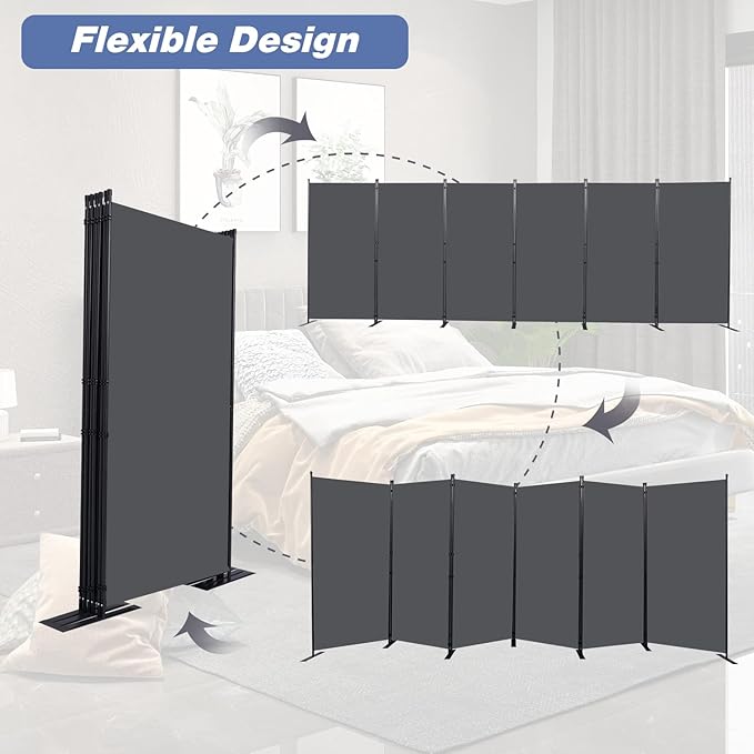 Room Divider, 6 Panel Folding Privacy Screens with Wider Support Feet, 6 Ft Portable Room Partition for Room Separator, 204" W X 71" H, Grey