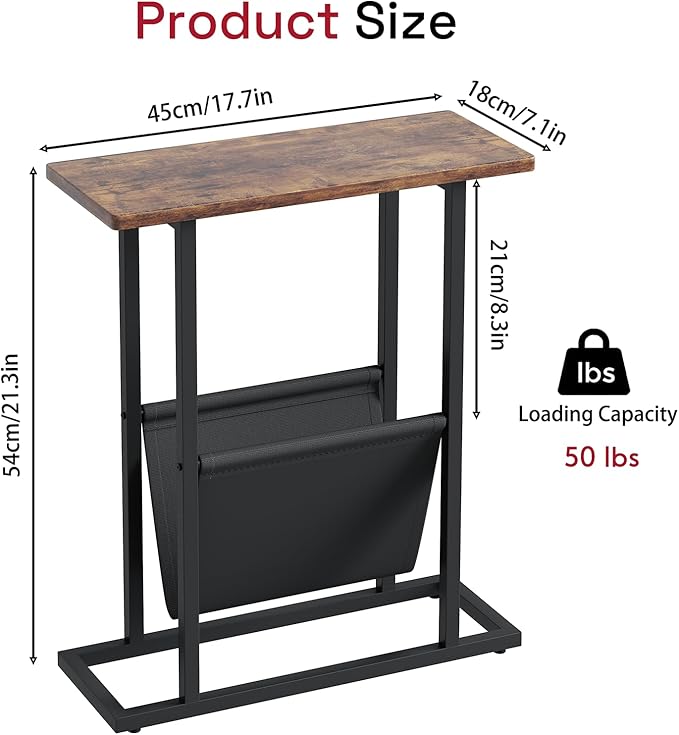 Yusong Small Narrow Side Table for Small Spaces, 17.7" W Slim End Table Magazine Table Nightstand with Storage Holder, Accent Skinny Snack Couch Bedside Table, Rustic Brown, Complete Iron Pipes
