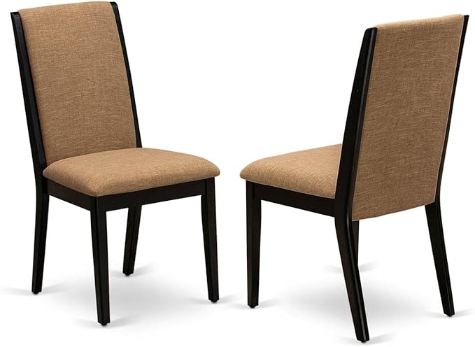 East West Furniture ANLA3-ABK-47 3 Piece Dining Room Furniture Set Contains a Round Kitchen Table with Pedestal and 2 Light Sable Linen Fabric Parson Dining Chairs, 36x36 Inch, Wirebrushed Black