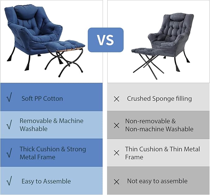 Lazy Chair with Ottoman, Modern Chair with Folding Footrest, Lounge Accent Chair, Comfortable Reading Chair (Royal Blue)