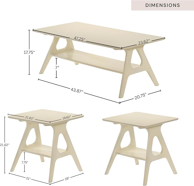 Roundhill Furniture Arona 3-Piece Coffee Table Set, Coffee Table and Two End Tables, Off-White Finish