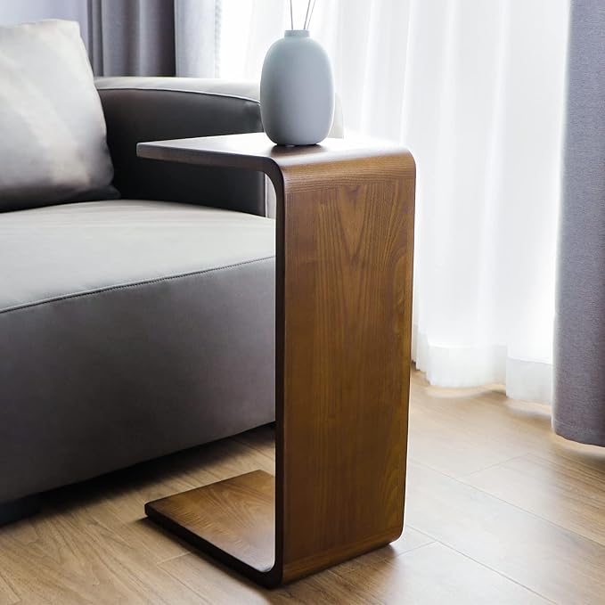 COZYMATIC Carlisha C-Shaped End Table Sofa Table Coffee Table Solid Wood Frame for Living Room Side Table for Bedroom, Walnut Brown
