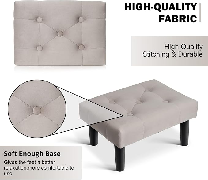 HOUCHICS Small Footstool Ottoman,Velvet Soft Footrest Ottoman with Wood Legs,Sofa Footrest Extra Seating for Living Room Entryway Office(Grey 2PACK)