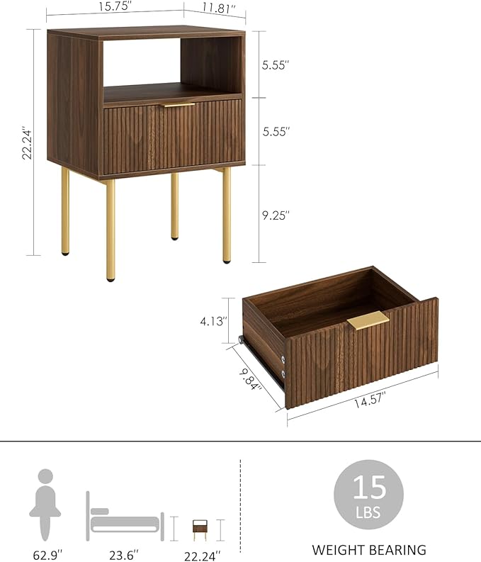 Nightstand,Small Bedside Table with Gold Frame,Morden Night Stand with 2 Drawer,End Table,Side Table with Drawer and Shelf for Bedroom,Living Room (Grey-1Drawer)
