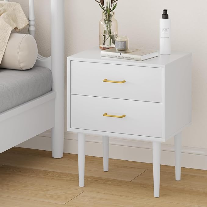 Set of 2 White Nightstand with 2 Drawers,Tall Night Stand with Gold Handles, Bedside Table with Solid Wood Legs, Nightstands for Bedroom